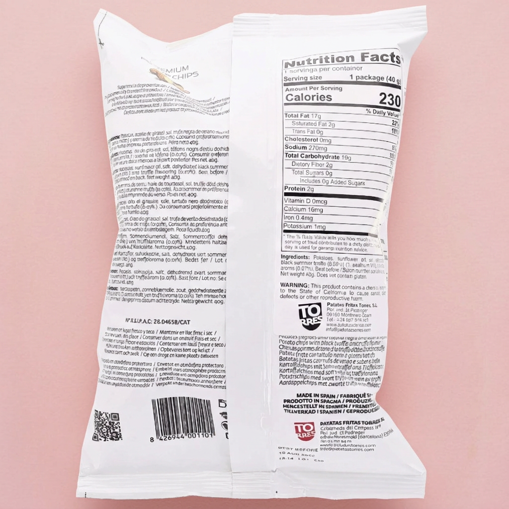 Back of Torres chips bag with a blush-pink background