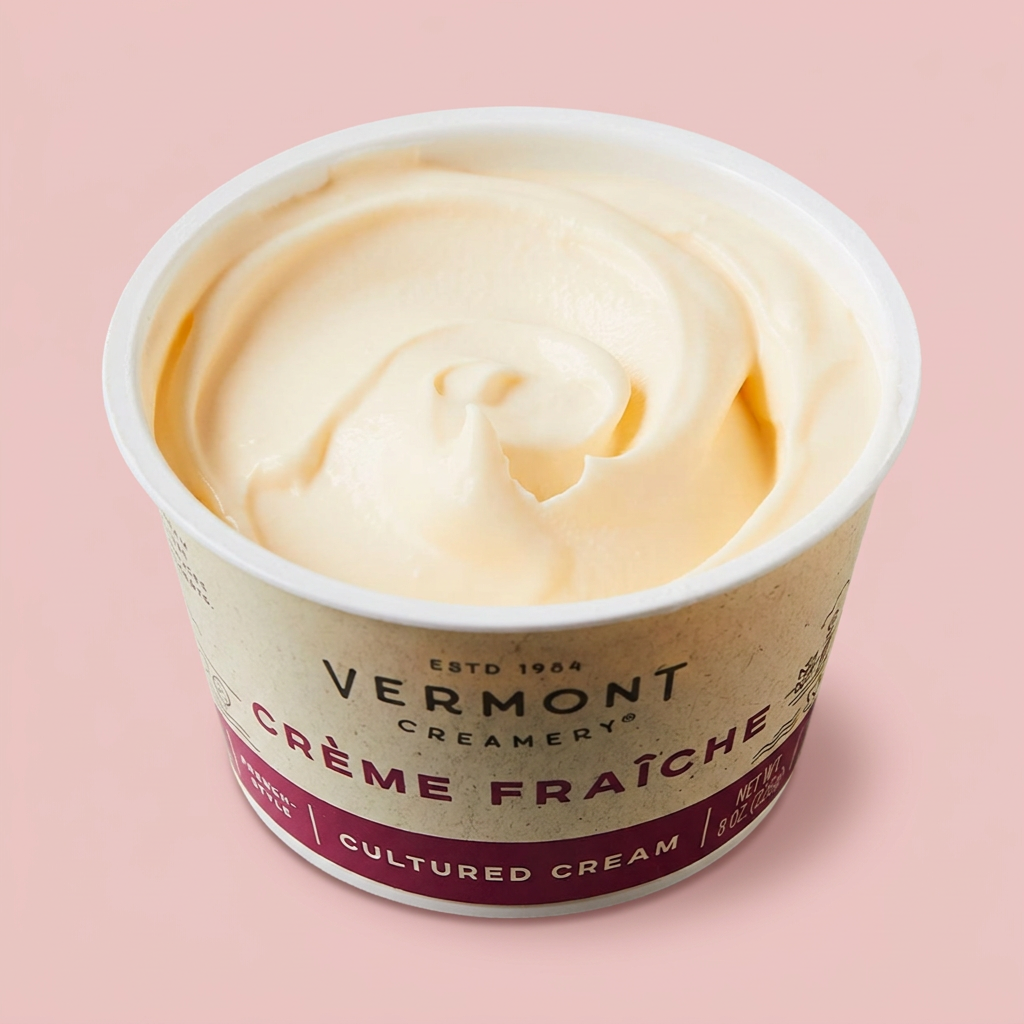Open Vermont crème fraîche tub with a blush-pink background