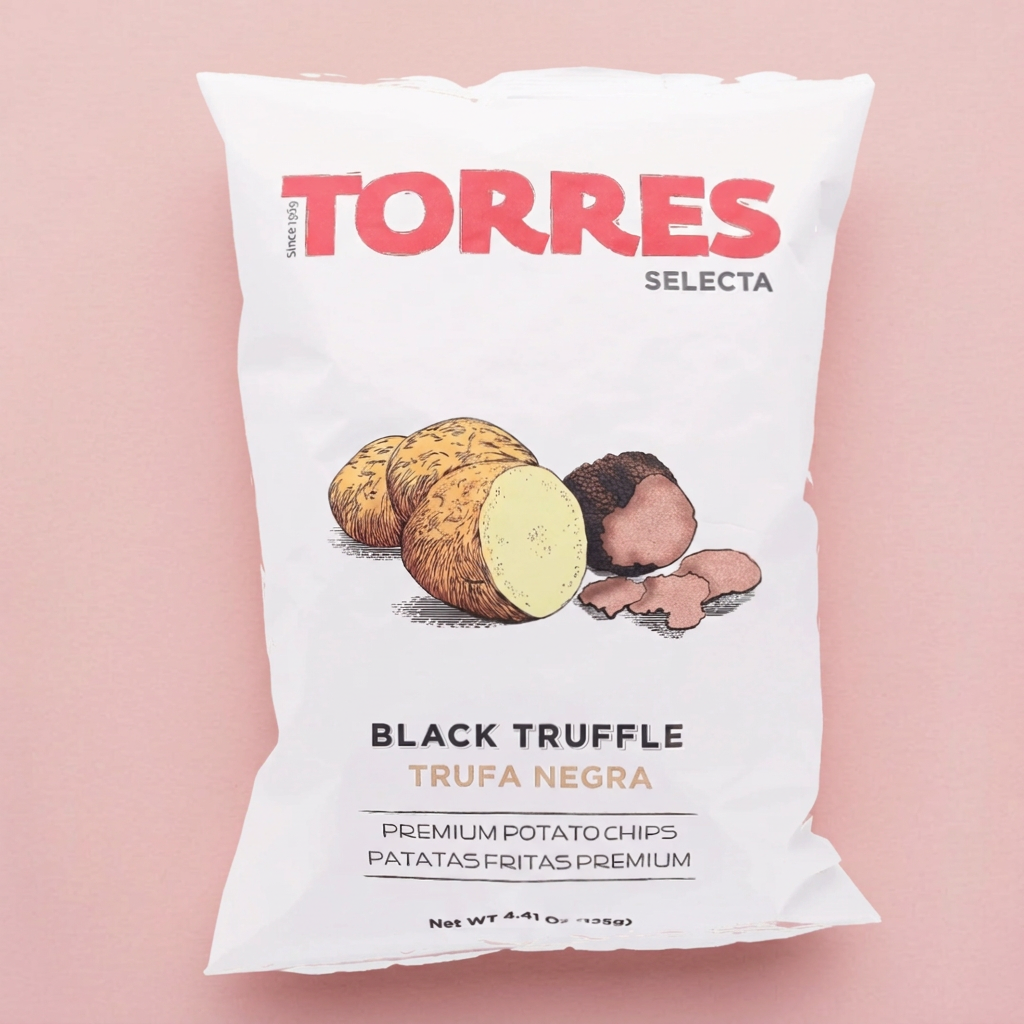 Third Torres chips photo with a blush-pink background